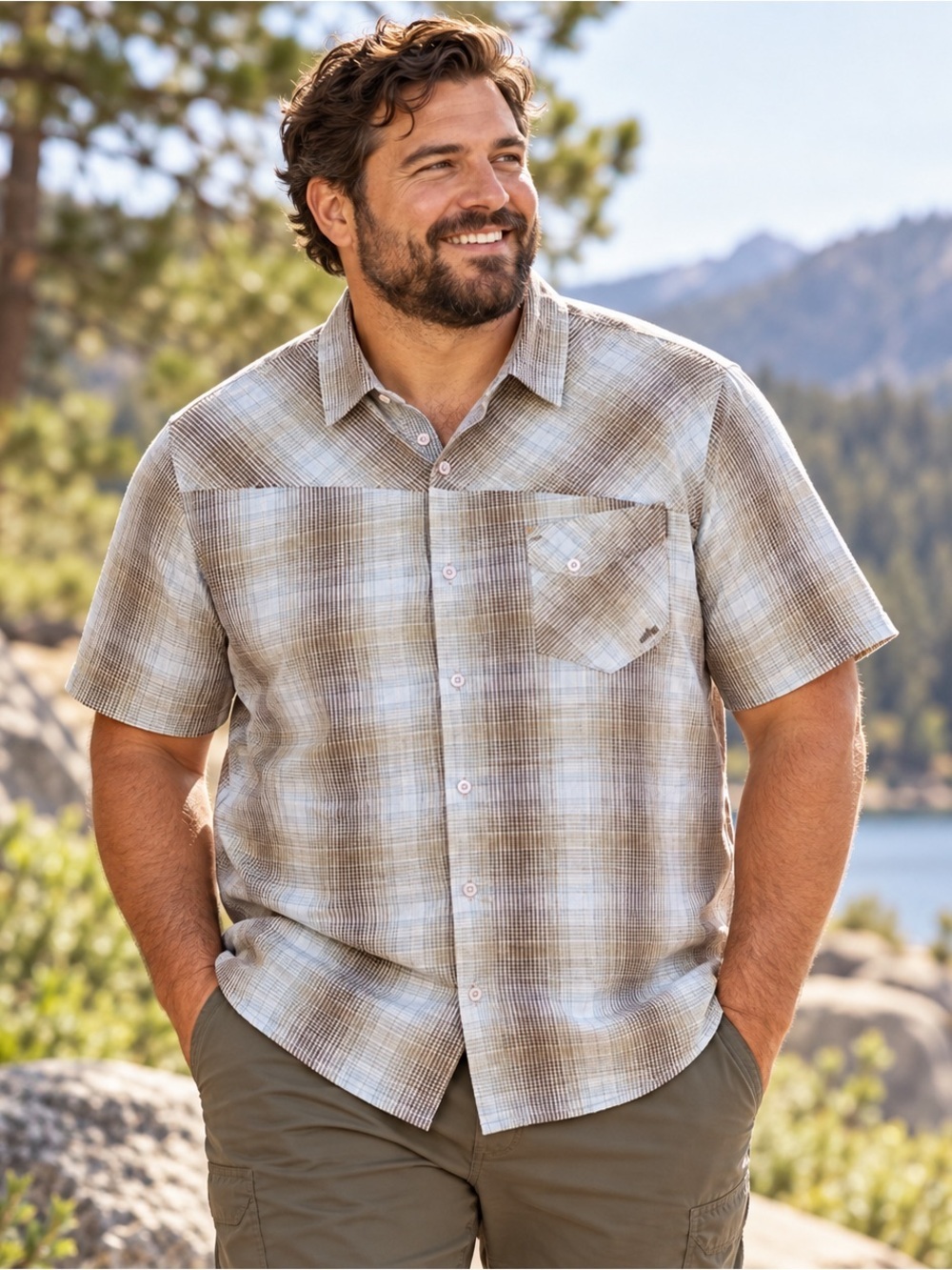 PrAna Short Sleeve Button Up Shirt Mens XL Brown Blue Plaid Raw Edge Detail